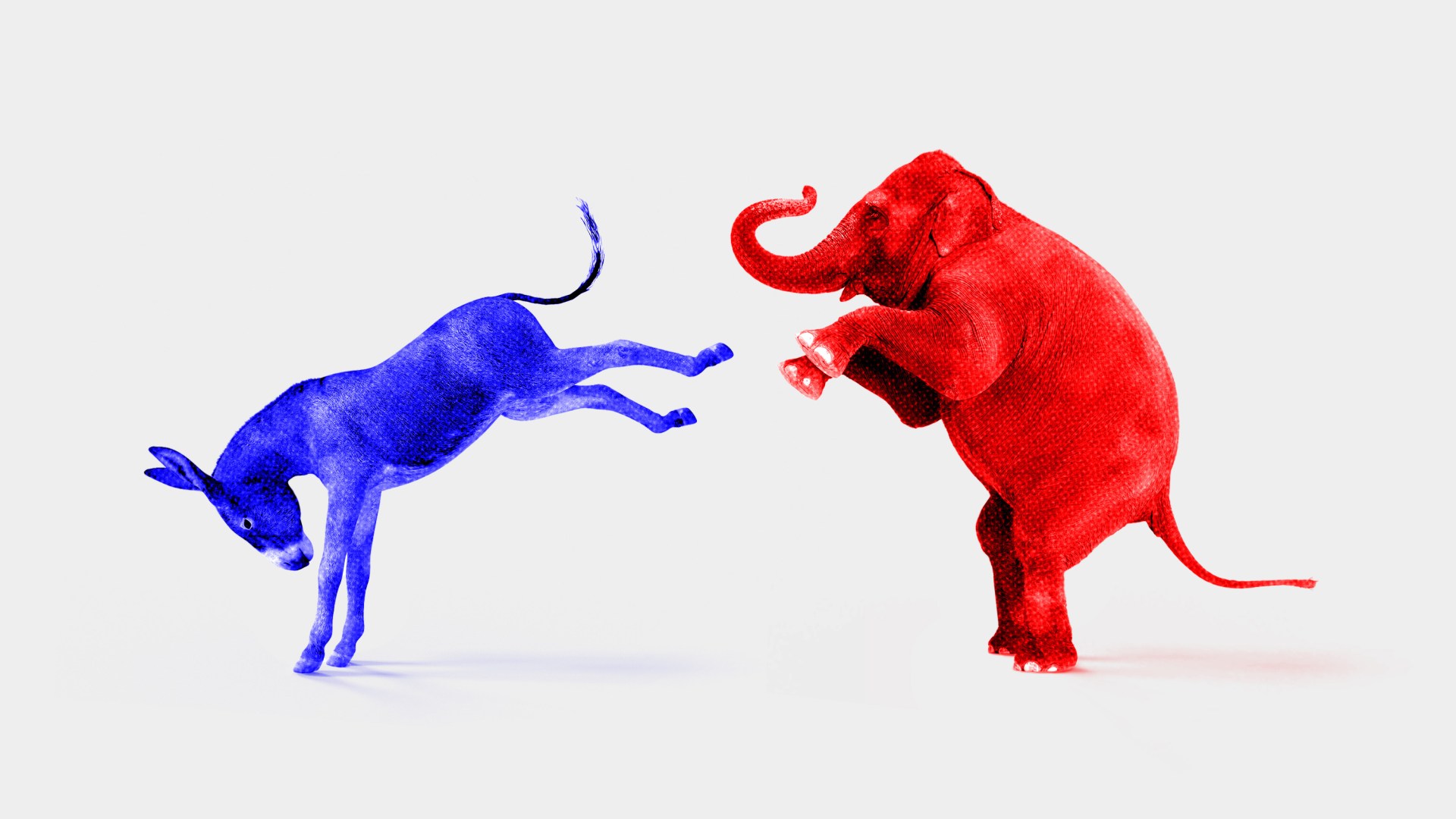 A blue donkey and a red elephant fighting.
