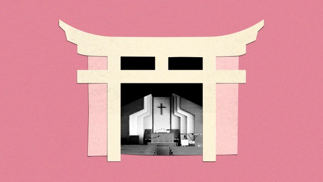A Shinto Torii gate and a Japanese Christian church.