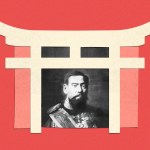 A Shinto Torii gate and a portrait of Emperor Meiji.