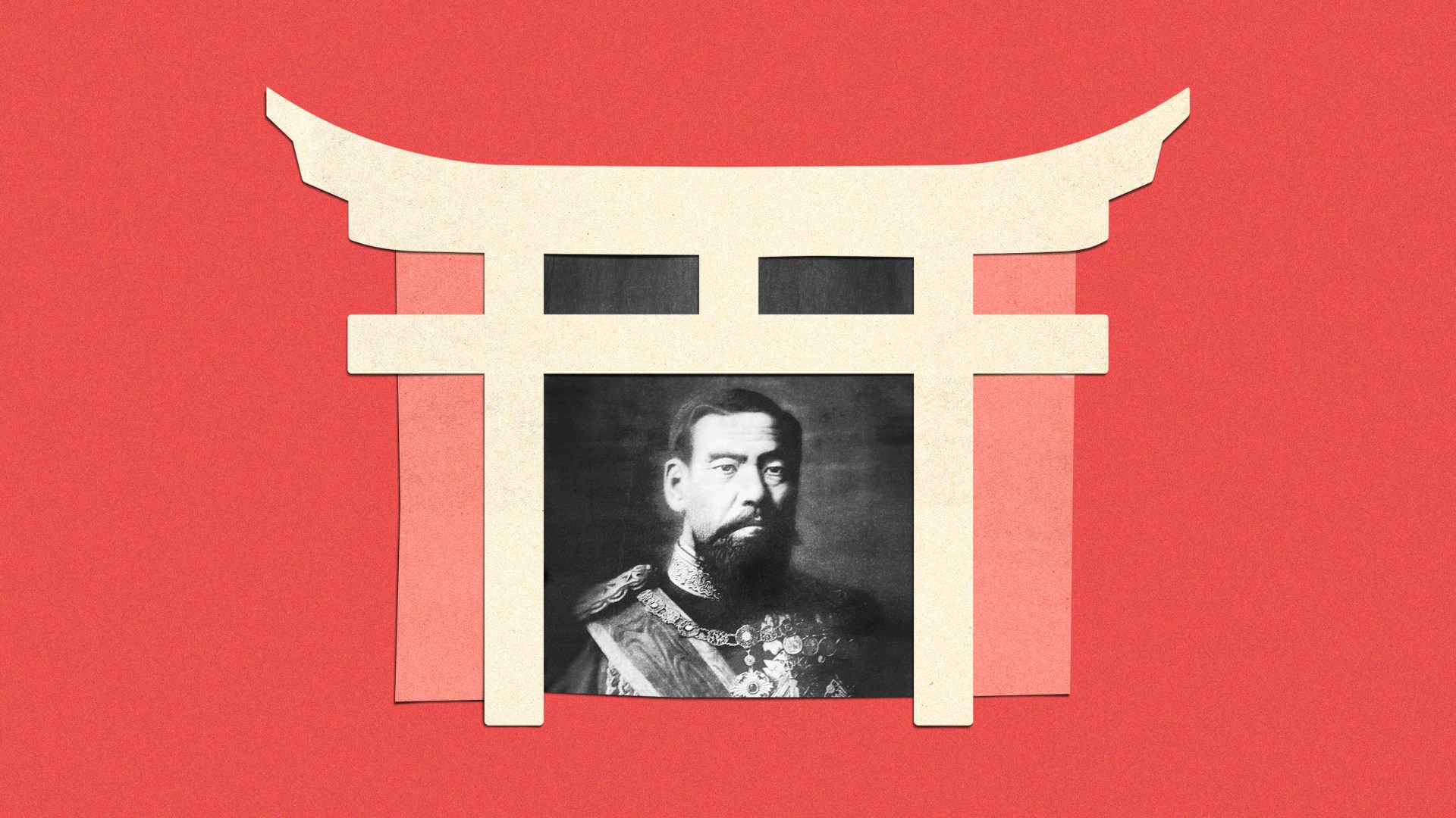 A Shinto Torii gate and a portrait of Emperor Meiji.