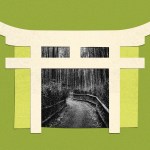 A Shinto Torii gate and a forest path.