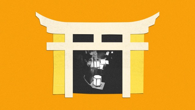 A Shinto Torii gate and paper lanterns.